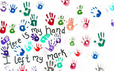 Hand rainbow print isolated on white background. Color child hand paint with words