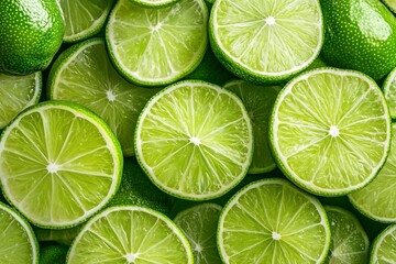 Fresh juicy lime slices as background, top view .generative ai