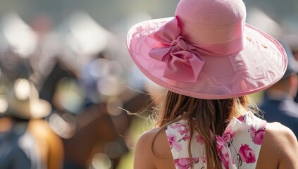 Back view of a woman wearing a pink bow hat at a summer racing event, Easter fashion elegant and stylish ladies at the horse race, A group of women in colorful spring fashion