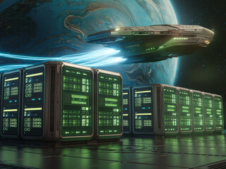 Interstellar Data Transfer: Spaceship and Server Farm