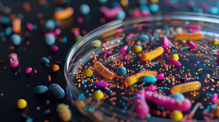 Close-up shot of bacteria and virus cells observed in a scientific laboratory petri dish.