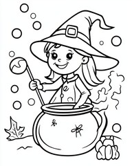 A cheerful witch is happily stirring a bubbling cauldron filled with magical ingredients