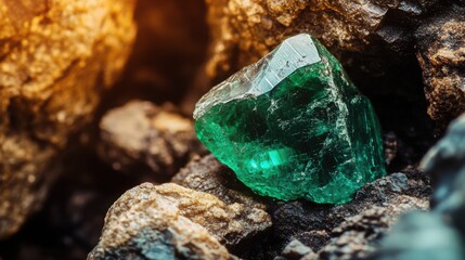  raw emerald embedded in its natural rocky surroundings, with earthy tones and textures around it, and soft