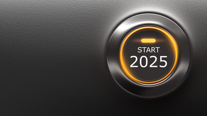 Start 2025. Button to start new year. 2025 calendar year logo. Template for happy new year greetings. Copy space on black. Symbol of onset of winter holidays. 2025 season. 3d image.