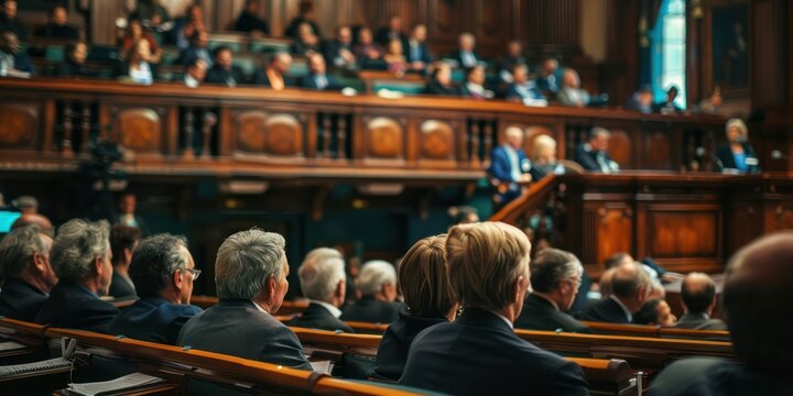 A group of politicians in a heated debate during a parliamentary session