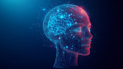 Obraz premium Artificial intelligence in a humanoid head with a digital brain. Concept of AI involving big data and information analysis, showcasing the face of a cyber mind. Vector 3D design on a blue technology b