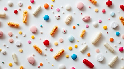 A flat lay of various colorful pills and capsules scattered on a white background.