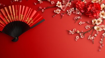 A red background with a red fan and pink flowers