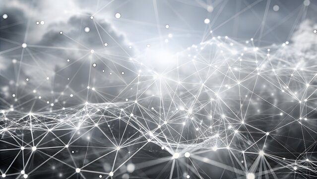 Cloud grey network paths displayed on a sleek logistics tech background. Light gray dots connected by white shimmering lines on a dove gray canvas
