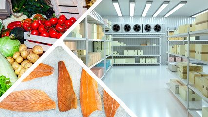 Large refrigerated warehouse. Refrigerator for food. Fish and vegetables near industrial refrigeration chamber. Room for storing chilled food. Freezer warehouse with boxes on racks.