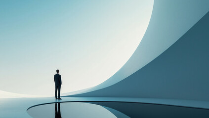 Abstract Minimalist Image of a Man in a Futuristic Architectural Space, Symbolizing Leadership, Vision, and Innovation for Business and Conceptual Design
