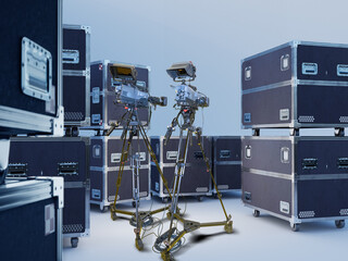 Filming equipment. Professional cameras on tripods. Containers on wheels for transporting film...