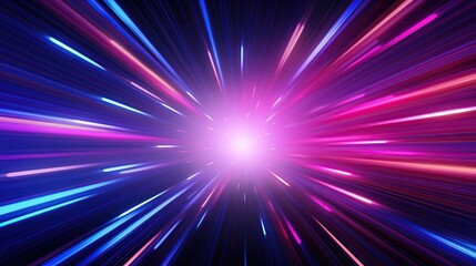 Naklejka premium Abstract speed, motion blur, light streaks, and neon colors with a bright white center and dark background. Futuristic, digital, and science fiction concept