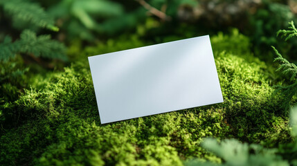 Minimalist White Card Lying On Forest Moss Surrounded By Soft Greenery And Nature