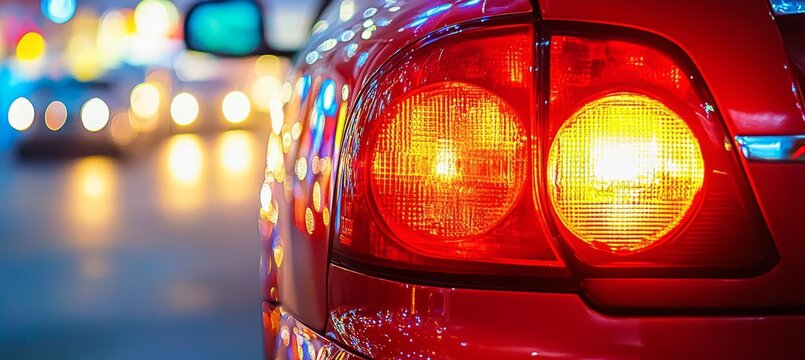 Close-up of a cars glowing taillights in evening city traffic with a bokeh background