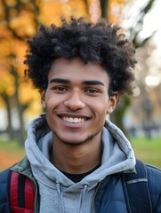 Fototapeta premium Young man with an Afro, smiling at the camera. He is dressed in casual attire suitable for college or university life.