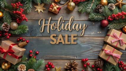 Festive decorations surround holiday sale announcement with gift boxes and greenery on wooden background during winter season