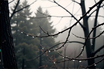 A tree branch adorned with glistening water drops in a foggy forest