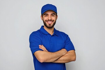 Happy employee wearing blue uniform