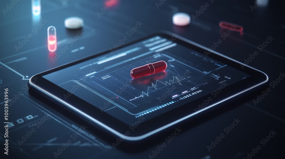 Poster A red pill rests on a black tablet screen, centered in the frame. The screen displays a digital heart rate monitor. The background is blurred and appears to be a technological interface.