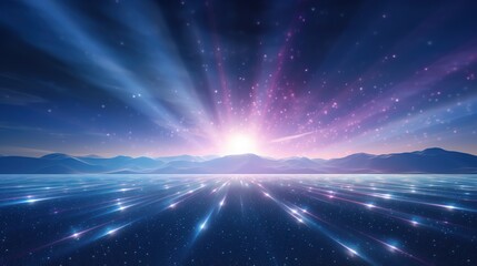 Fototapeta premium Fantasy landscape with shining stars and a glowing sunrise reflected in the lake