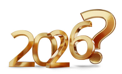 year 2026 and question mark, golden symbol, 3d-illustration
