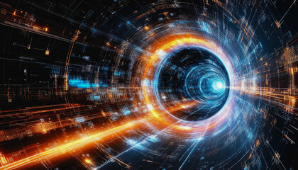 Fototapeta premium Neon cosmic portal with advanced tech circuitry in deep space