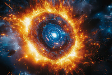 Fototapeta premium Neon cosmic portal with advanced tech circuitry in deep space