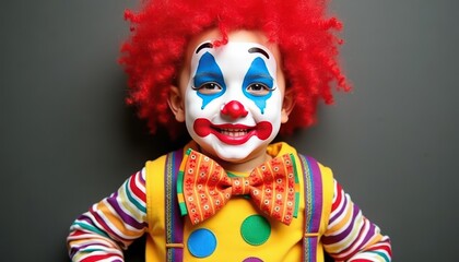 A creative DIY clown costume with a hand-painted oversized bow tie colorful clothes and face paint with a red nose exaggerated smile and bright colors.