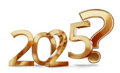 year 2025 and question mark, golden symbol, 3d-illustration

