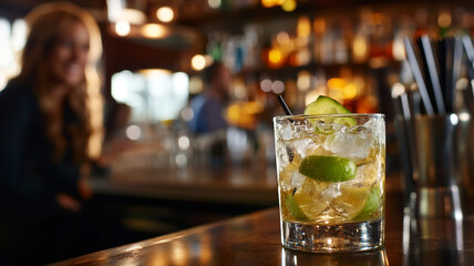Refreshing cocktail with lime served at a bustling bar during the evening