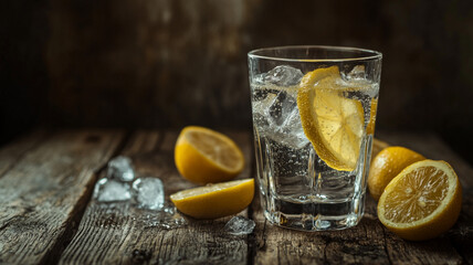 Fototapeta premium A refreshing glass of lemonade with sliced lemons and ice on a rustic wooden table