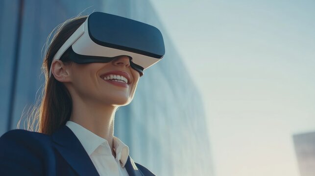 Smiling woman wearing VR goggles, standing in front of modern building, showcasing cutting-edge technology integration into daily life.