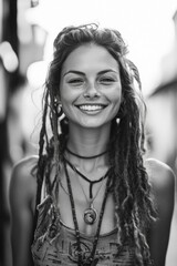Fototapeta premium A cheerful young woman with dreadlocks poses confidently in a bohemian style. She's wearing a necklace and a summery outfit, radiating joy in an urban setting.