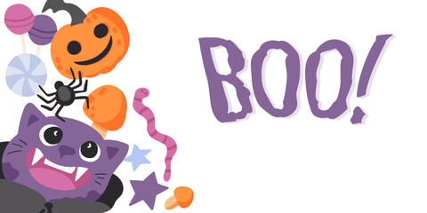 Happy halloween vampire cat vector banner design. Trick or treat greeting card with festive decoration elements in white background. Cute creepy boo invitation.