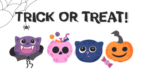 Happy halloween characters vector banner design. Trick or treat greeting card with cat, skull, pumpkin Jack-o-Lantern decoration elements in white background. Cute creepy boo invitation.