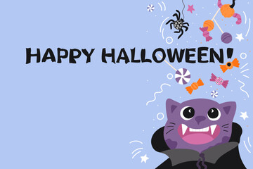 Happy halloween vampire cat vector banner design. Trick or treat greeting card with festive decoration elements in blue background. Cute creepy boo invitation.