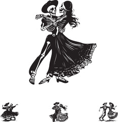 Dancing Skeleton Couple in Day of the Dead Style - Black and White Vector