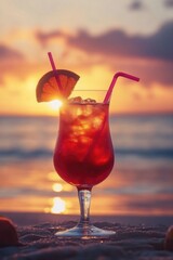 Sunset drink on sandy beach with straw and slice of lemon. Vibrant colors, relaxing ambiance.