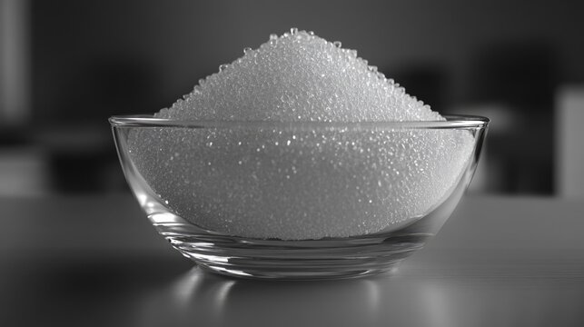 Sugar grains in clear glass bowl. High detail food photo for culinary or advertisement use.