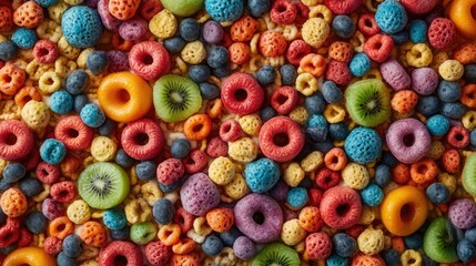 Fototapeta premium A close-up of a vibrant and diverse assortment of breakfast cereals in a box, highlighting the colorful and nutritious options available.