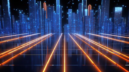 Abstract Futuristic Cityscape with Glowing Neon Lines and Buildings