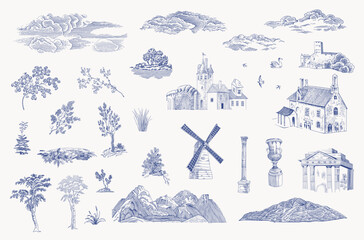 Set. Woodland. Architectural elements. Vector vintage illustration. Blue and white. 