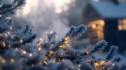 ośnieżone gałęzie, sosna, światełka, zimowe drzewo, święta, lśniące lampki, zimowa sceneria, drewniany dom, zimowa chata, świąteczne, ciepły dom, zima, zimowy motyw, ośnieżony dom, zimowe światełka, d