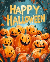 Cheerful pumpkin patch celebrating Halloween with smiling pumpkins and festive decorations