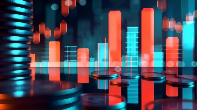 Stacked of coin money with financial graph on screen background. concept in grow and walk step by step for success in business