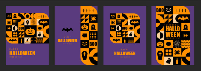 Happy Halloween postcards. Set of 4 minimal vintage 20s geometric design posters with orange primitive shapes elements. Neo geometrical pattern. Vector illustration in bauhaus minimalist style.