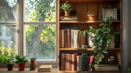 A bookshelf with titles focusing on mental health education and self-help, promoting the importance of knowledge and self-awareness.