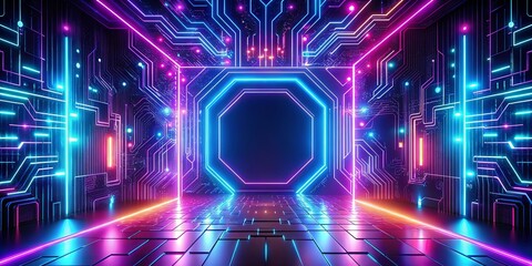 Obraz premium A futuristic neon-lit corridor with a glowing octagonal portal leading to a vibrant and digital world