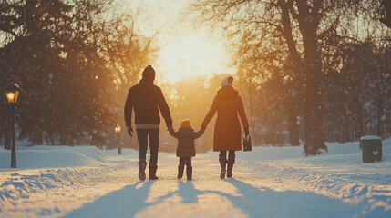A family of three enjoys a winter evening walk through a snowy park, hand in hand, as the sun sets, casting a warm glow over the serene landscape.